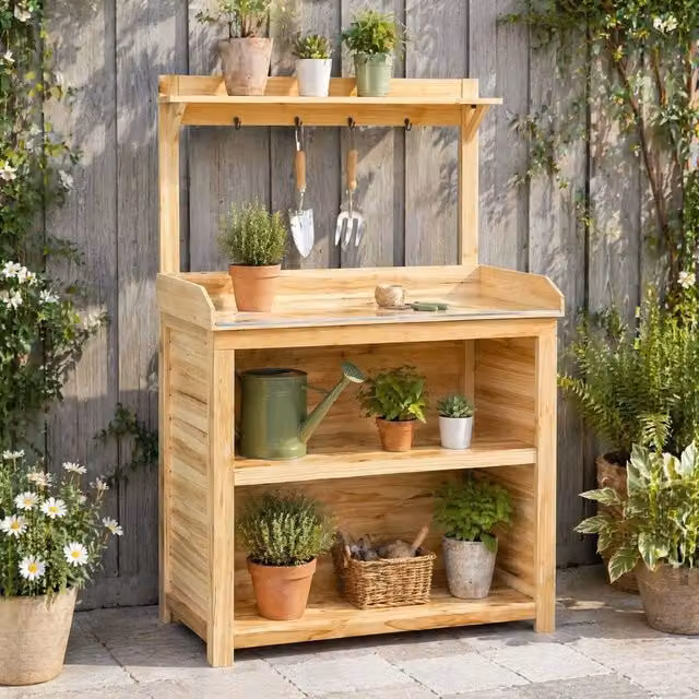 STILVORA Potting Bench with Shelves and Hooks in Beige
