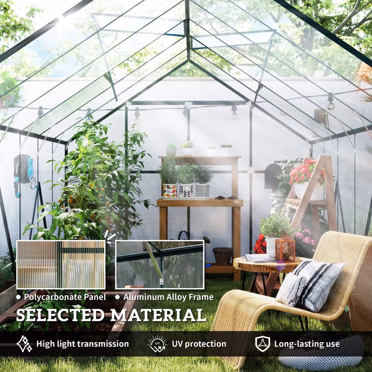 OUTSUNNY Polycarbonate Walk-in Outdoor Greenhouse with Double Sliding Doors, Clear, W: 243.84 cm, D: 244.0 cm, H: 215.0 cm – 3