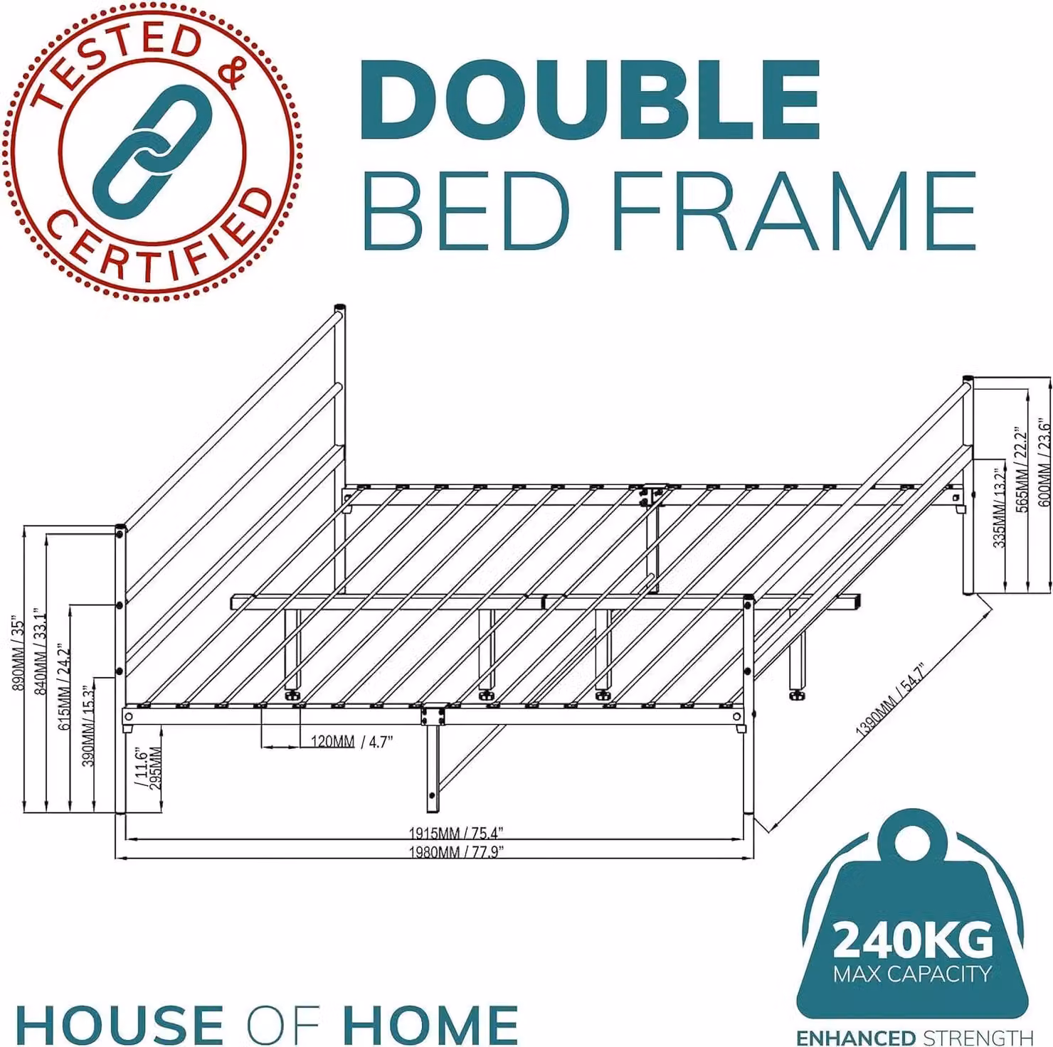 House of Home Modern Double Metal Bed Frame in Black, W/D/H: 140 x 200 cm – 2