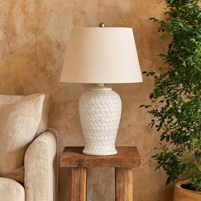 Wyld Haus Bloomvale Woven Ceramic Table Lamp with White Linen Shade