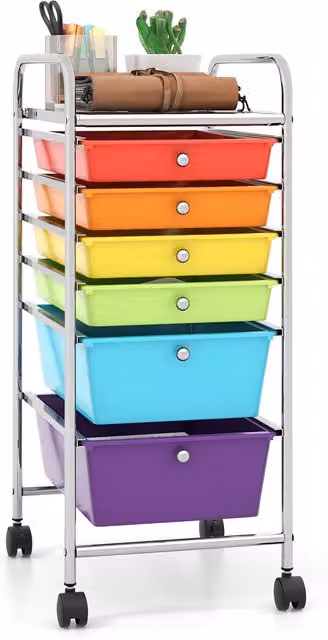 Gymax 6-Drawer Metal Mobile Utility Storage Trolley with Castors, Multicolour – 1