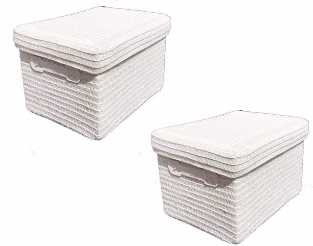 Topfurnishing White Fabric and Plastic Storage Basket with Handles and Lid, Diameter: 17.5 cm