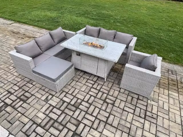 Fimous 8 Seater Rattan Outdoor Garden Dining Set with Gas Fire Pit Table and Armchairs in Light Grey