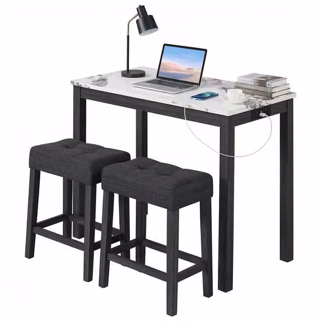 COSTWAY 3 Piece Modern Bar Table and Chairs Set with White Marble Top and Rubberwood Legs