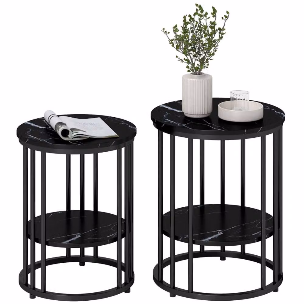 STILVORA Set of 2 Modern Round Metal Coffee Tables with Shelf, Black – 5