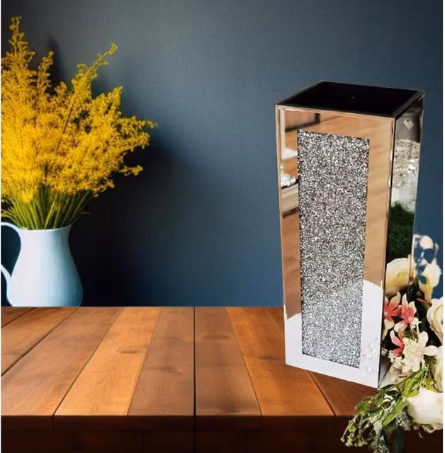 Ziddan Bargain Silver Floral Design Crystal Crushed Diamond Glass Flower Vase