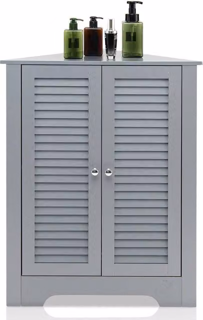 Gymax Freestanding Corner Storage Cabinet with Double Roll Shutter Doors in Matt Grey – 1