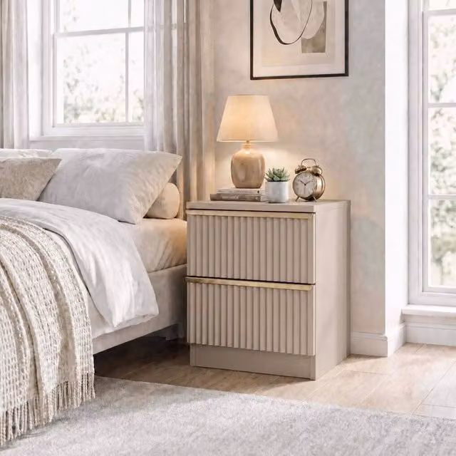 FWStyle Modern 2 Drawer Bedside Table in Beige with Scalloped Ripple Effect – 1