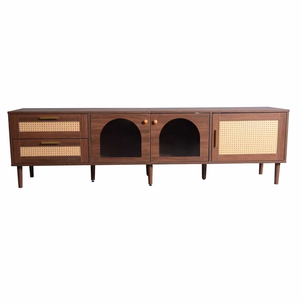 Merax Mid-Century Brown Walnut TV Stand with Rattan Doors, Arched Glass and LED Lights, W: 180 cm, D: 40 cm, H: 50 cm – 6