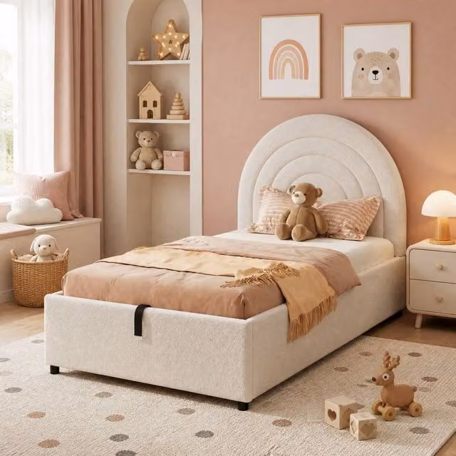 STILVORA Single Upholstered Bouclé Storage Bed with Headboard and Lift-Up Base in Beige, W/D/H: 90 x 190 x 150 cm – 1