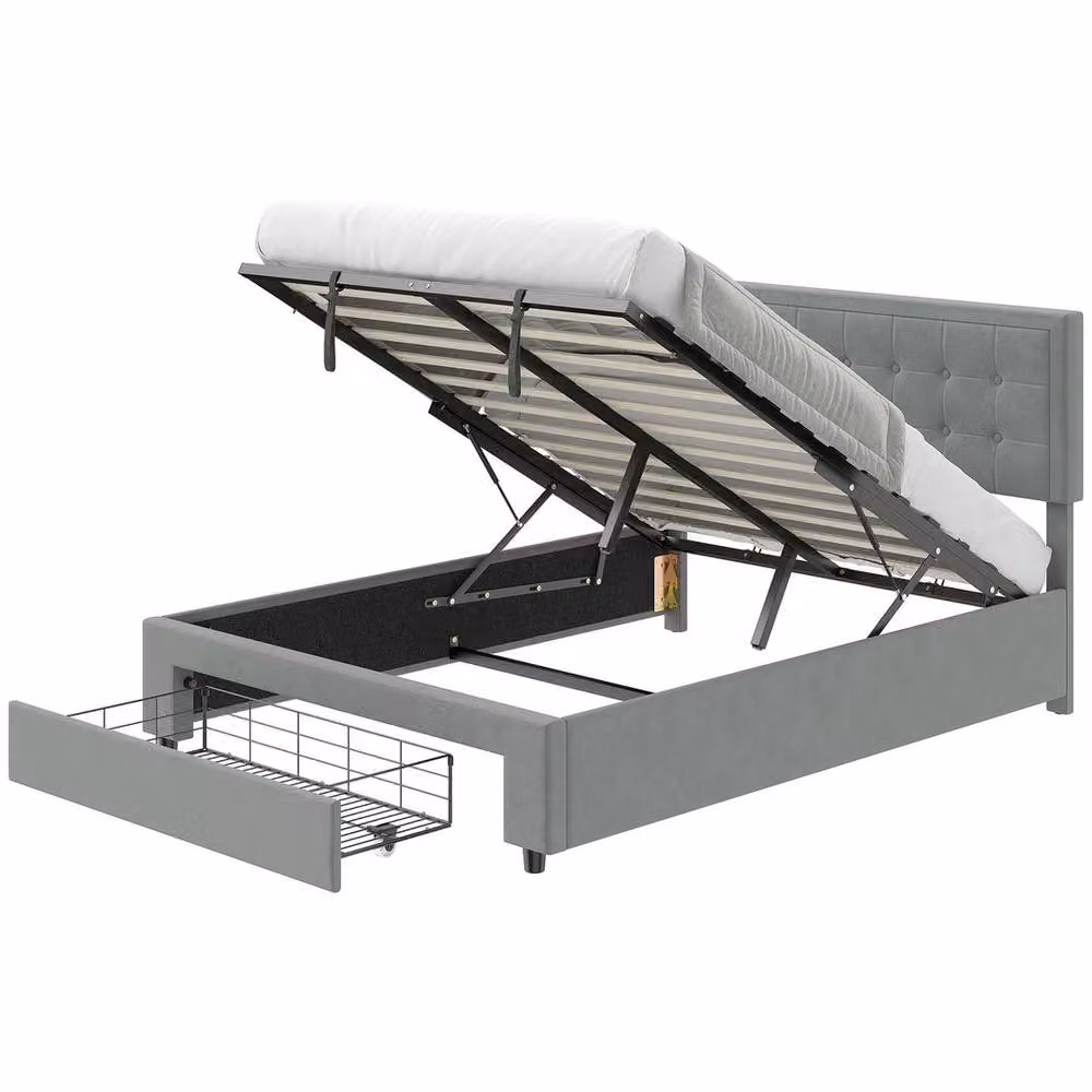 FORGEVIO Grey Velvet Double Bed Frame with Storage Drawers and Adjustable Headboard, W: 140 cm, D: 190 cm, H: 104 cm – 5