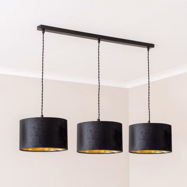 ValueLights Reni Velvet Shade 3 Drop Bar Pendant Ceiling Light in Black and Gold/Brass