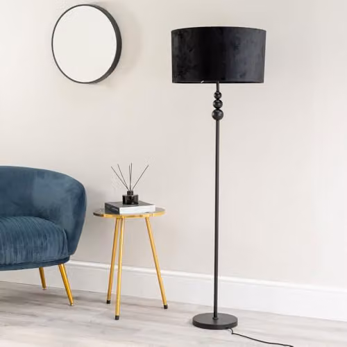 ValueLights Marissa Black Stacked Ball Floor Lamp with Green Fabric Drum Shade and LED Bulb – 2