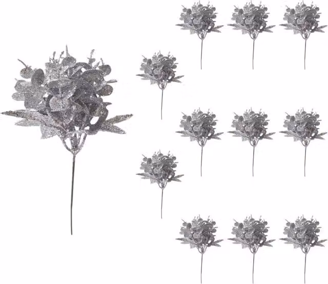 Shatchi Silver Glitter Eucalyptus and Maple Leaf Pick, 12 Pack, Height: 17 cm
