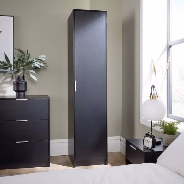 FORGEVIO Modern 1 Door Freestanding Wardrobe in Black with Internal Shelves and Hanging Rod