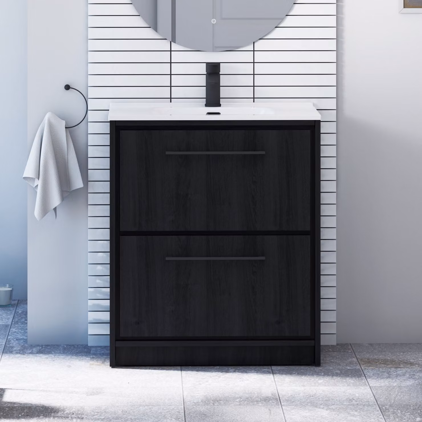 Livora Black Woodgrain Floor Standing 2 Drawer Bathroom Vanity Unit with Ceramic Basin and Matt Black Handles