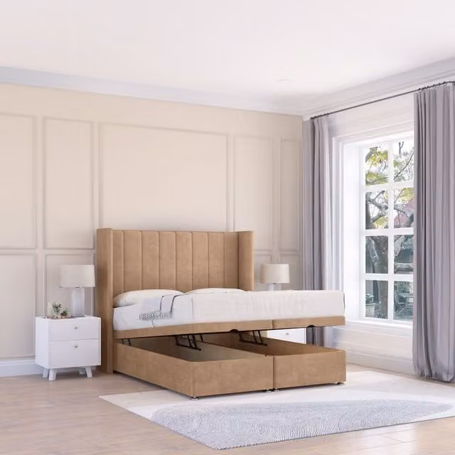 Sloomy Falcon Naples Fabric Ottoman Bed with Sprung Memory Mattress and Winged Floorstanding Headboard, Beige, W/D/H: 140 x 200 cm
