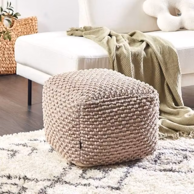 Wyld and Coco Handwoven Cotton Pouf Ottoman in Beige, W/D/H: 50 x 50 x 35 cm