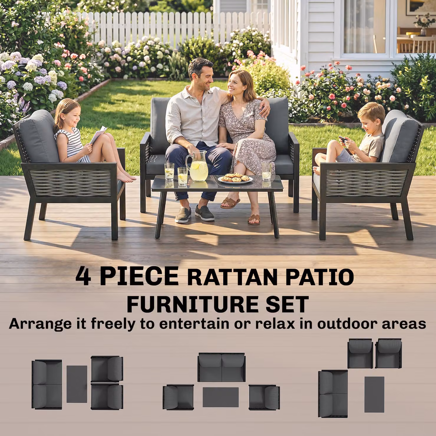 Outsunny 4 Seater Rattan Garden Furniture Set with Cushions in Dark Grey – 7