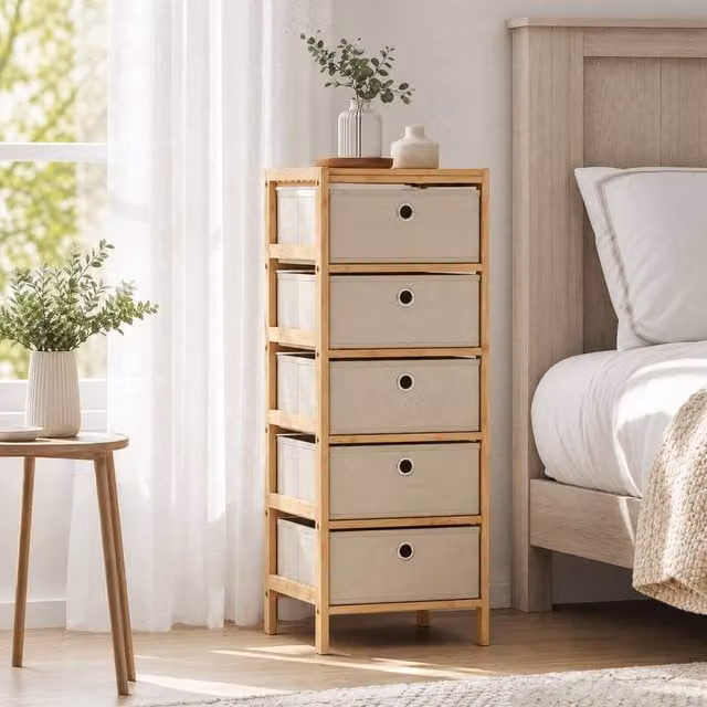 STILVORA 5 Drawer Chest of Drawers with Bamboo Frame in Beige