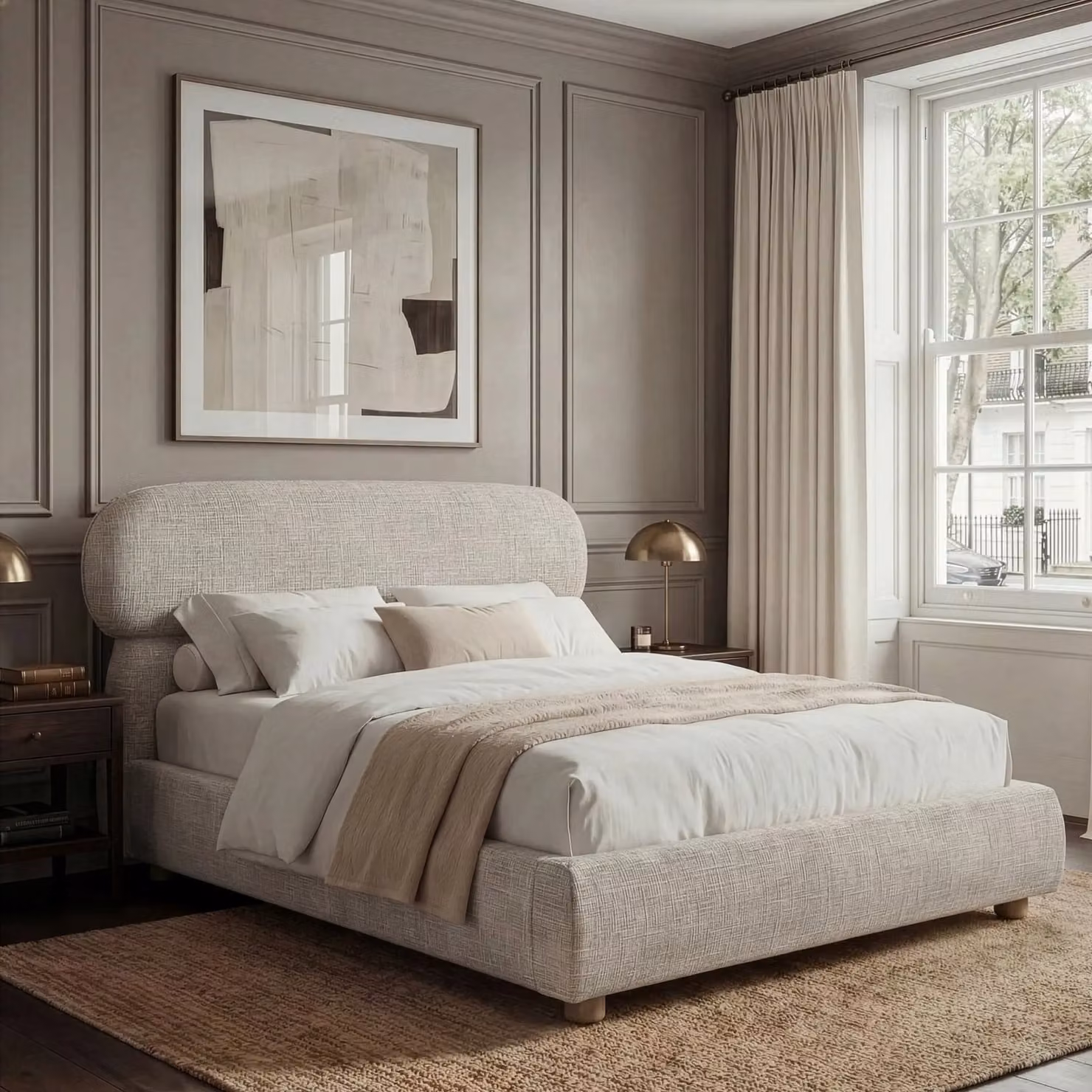 Serilya Upholstered Bed Frame with Luxury Headboard, Double (4ft6), Camel, W/D/H: 140 x 200 x 137 cm