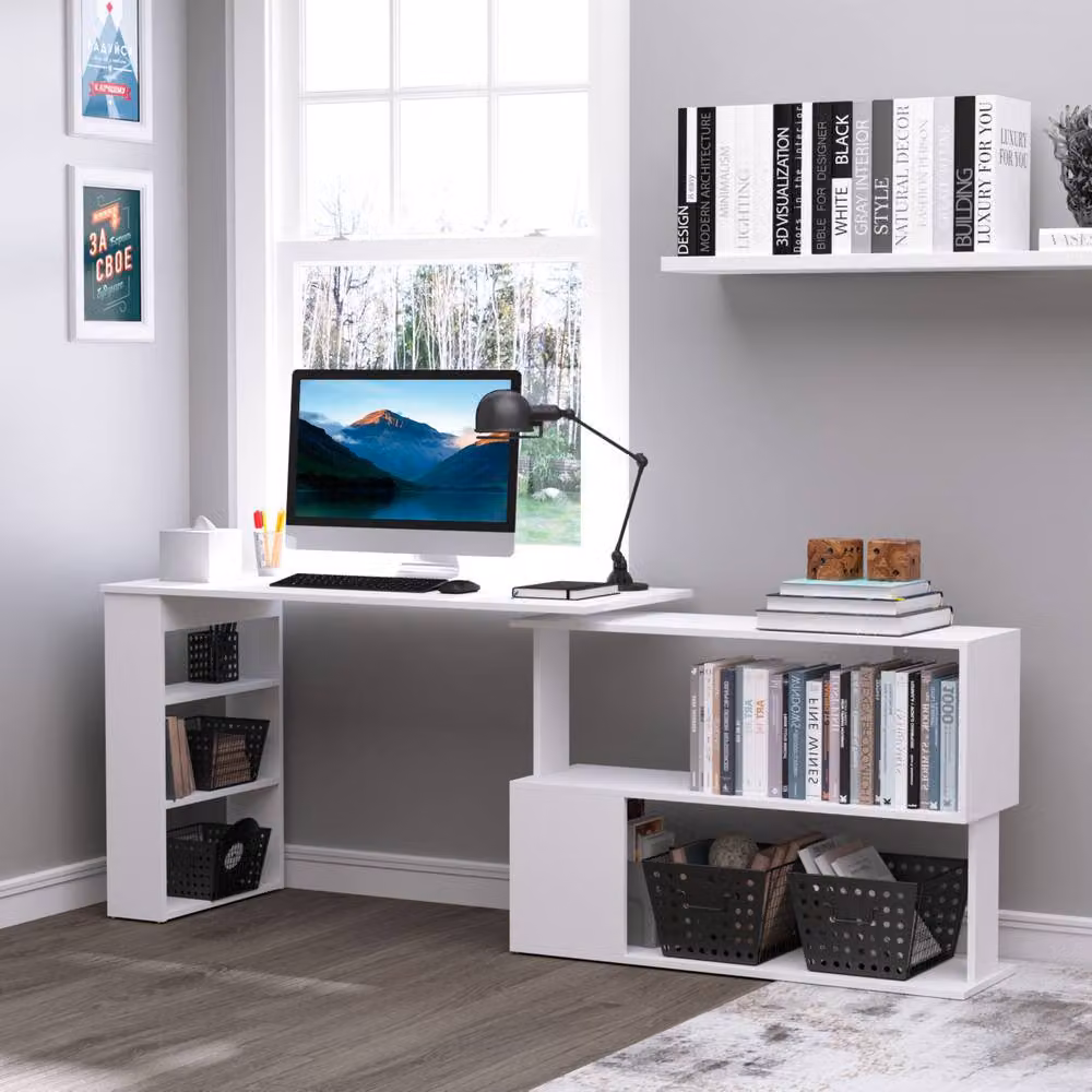 STILVORA L Shaped Corner Desk with Rotating Top, White – 2