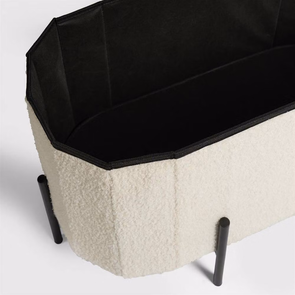 OHS Large Oval Boucle Ottoman Storage Footstool with Metal Legs in Beige and White – 3