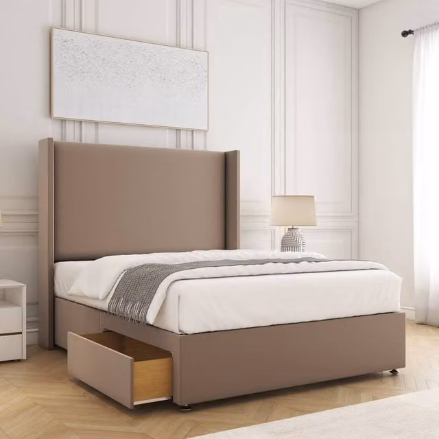 BSSPOKE Austin Double Divan Bed with 54 inch Plush Headboard and 2 Drawers in Beige