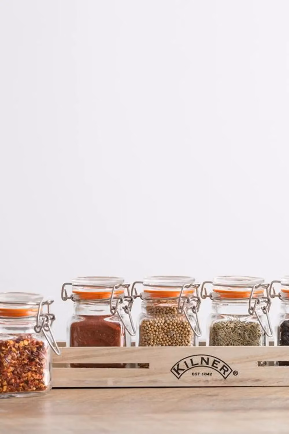 Kilner Set of 6 Transparent Green Glass Cliptop Jars with Wooden Rack, 70ml – 4