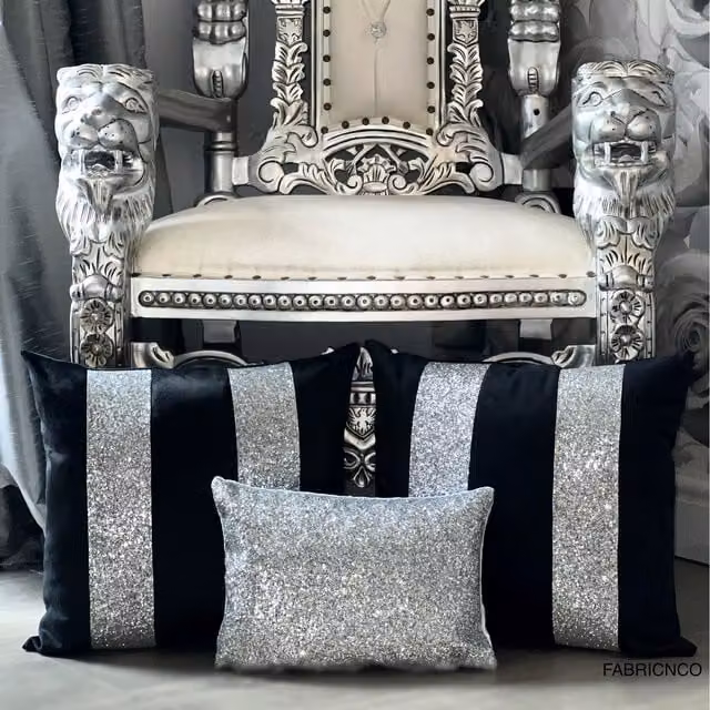 FABRICNCO Black and Silver Striped Plush Velvet Glitter Cushion Cover Set