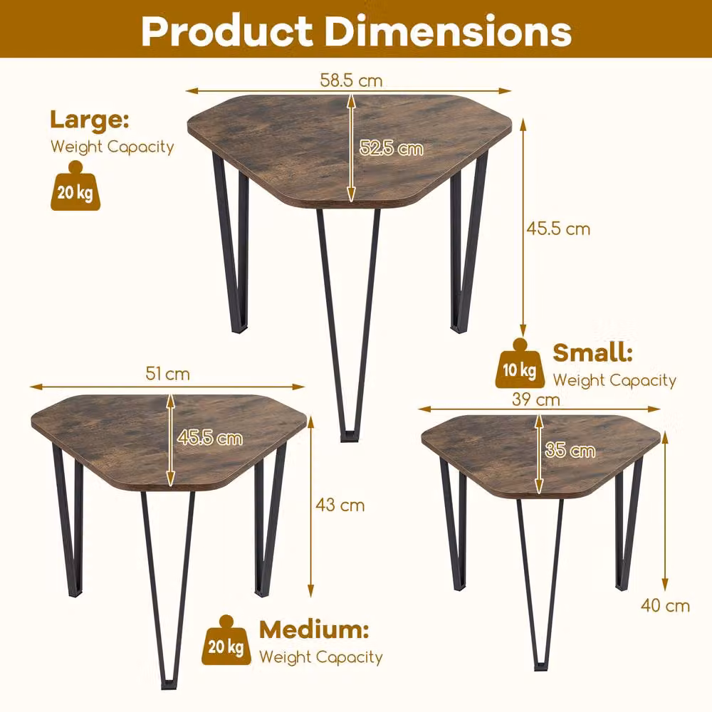 Costway Industrial Nesting Coffee Table Set with Irregular Hexagonal Glass and Metal Tops in Brown – 2