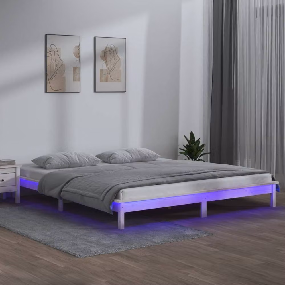 Berkfield Home White Solid Pine LED Bed Frame W/D/H: 160 x 200 cm – 2