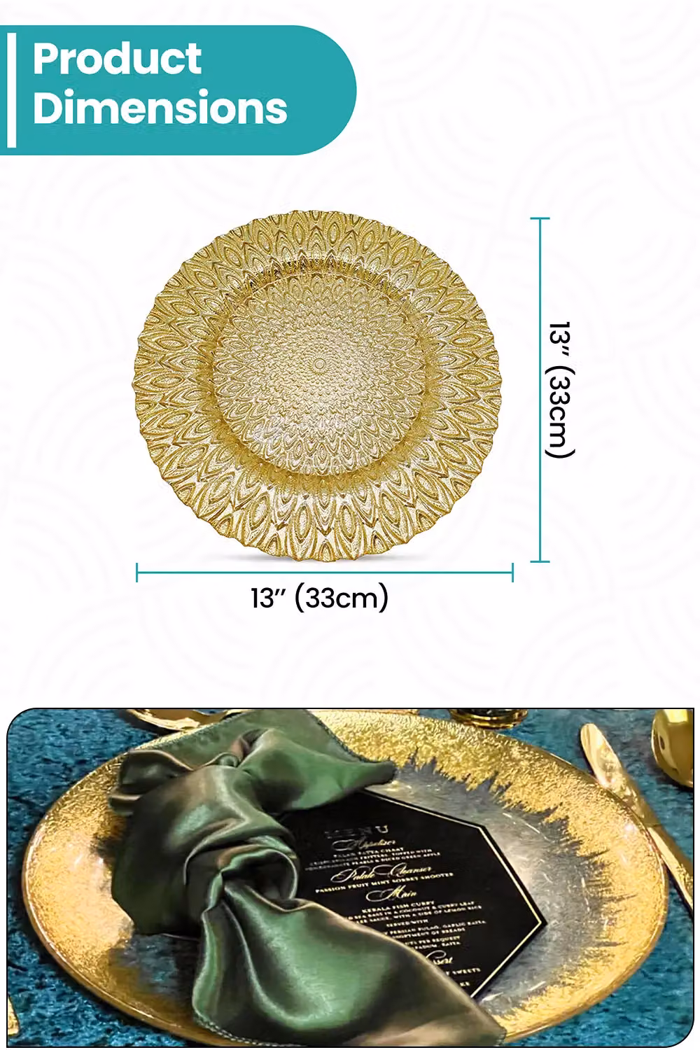 Neel Blue Set of 12 Peacock Design Glass Charger Plates in Blue and Metallic Gold, Diameter: 33 cm – 2