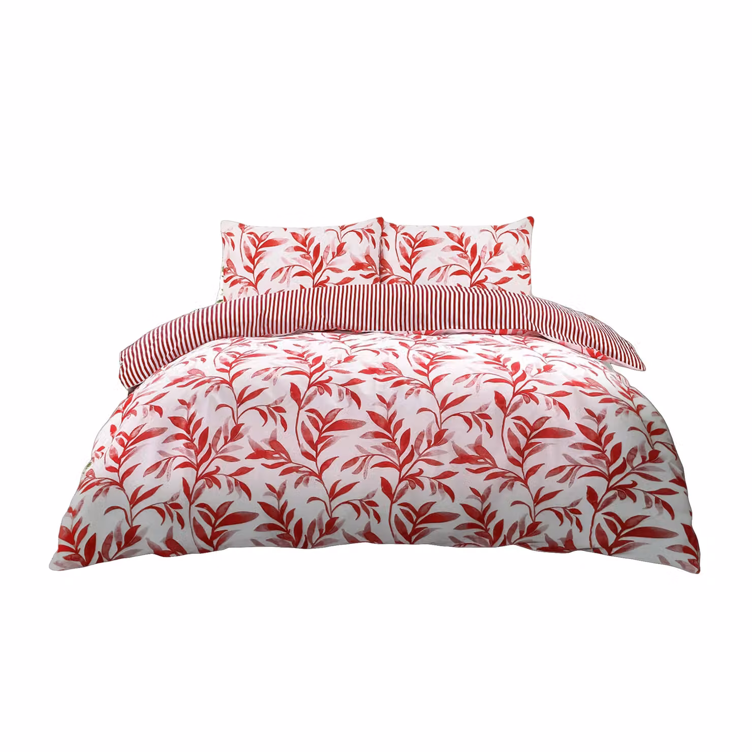 Home Sweet Home UK Red Reversible Polycotton Duvet Cover and Pillowcase Set with Leaf and Stripe Design, W/D/H: 200 x 200 x 200 cm – 2