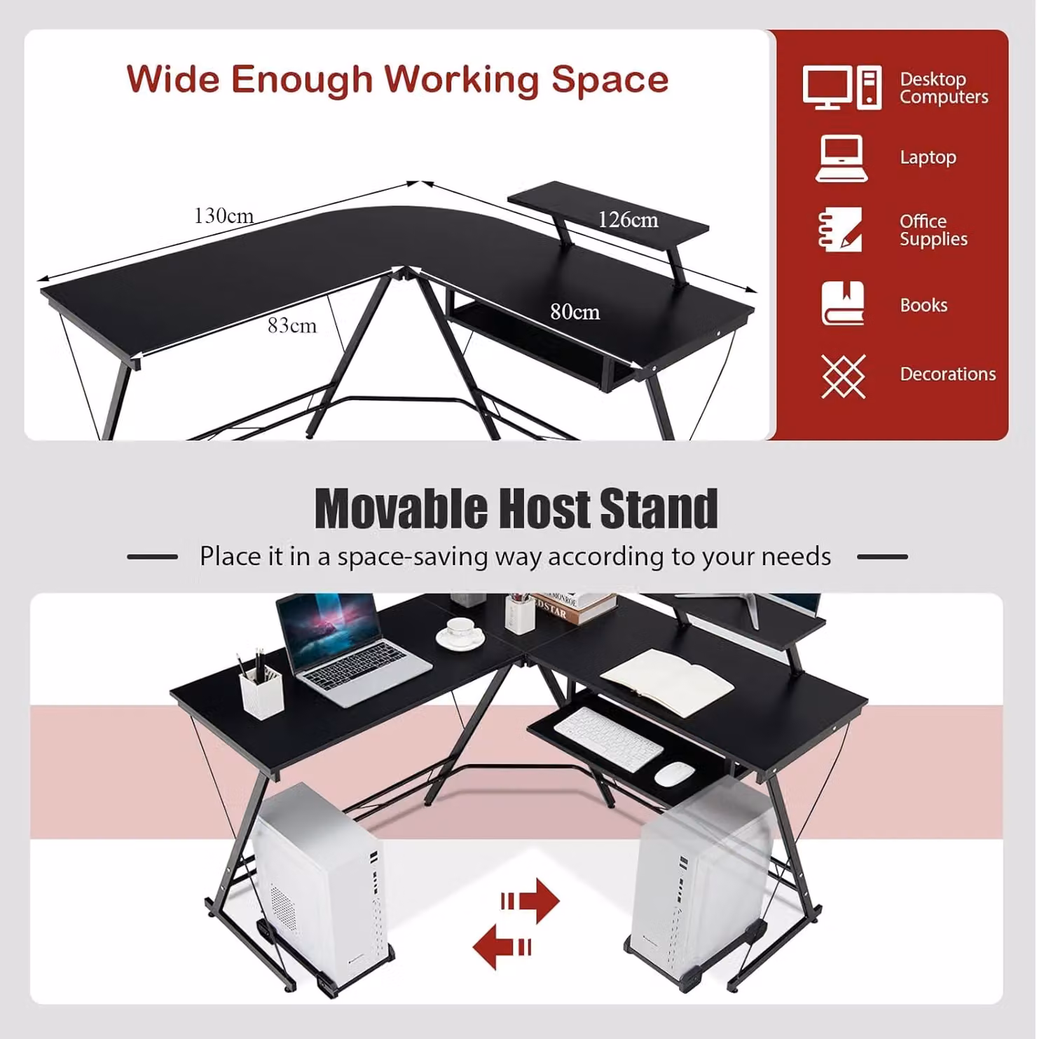 Gymax L-Shaped Corner Desk with Pull-Out Workstation and Removable Monitor Shelf in Black – 6