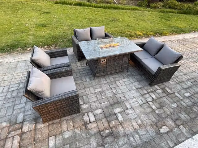 Fimous 6 Seater Wicker PE Rattan Garden Furniture Set with Gas Firepit Dining Table and Double Seat Sofa in Dark Grey