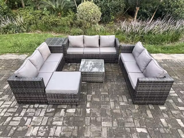 Fimous 10 Seater Outdoor Rattan Garden Furniture Set in Dark Grey with Coffee Table and Ottoman