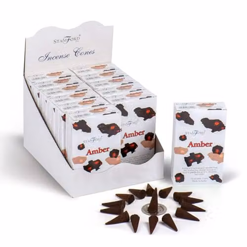Ancient Wisdom Stamford Amber Incense Cones with Metal Holder, Pack of 15, Brown and White