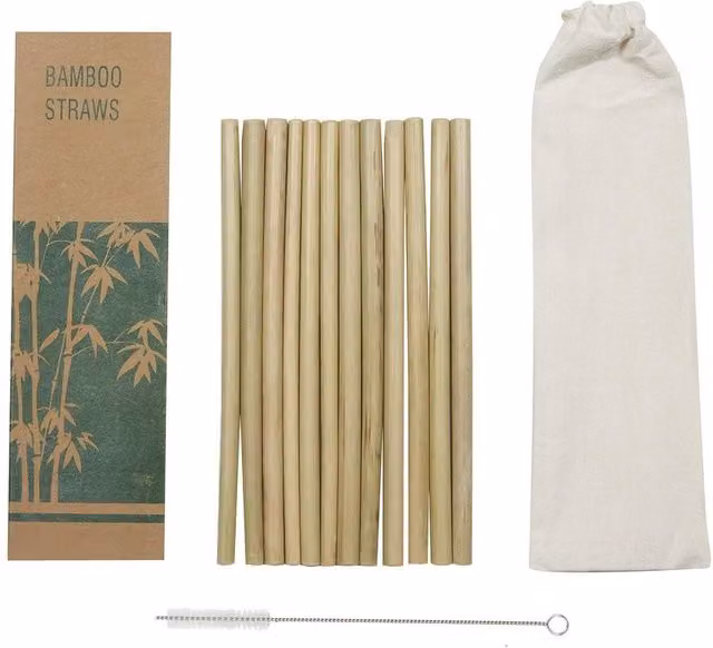 Top 3 Pack of 12 Natural Bamboo Drinking Straws with Cleaning Brush and Bag in Brown, Sand and Beige – 1