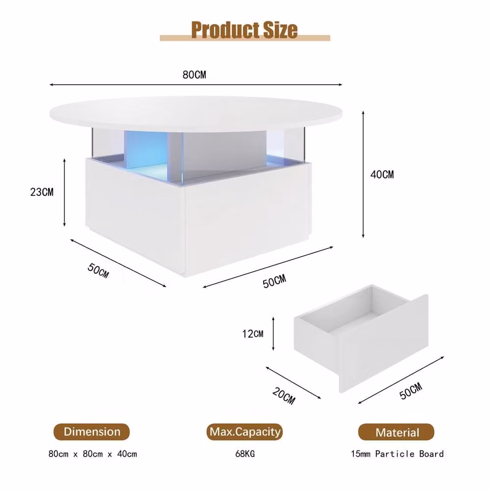 KEEPREAPER Round LED Coffee Table with Storage and 2 Sliding Drawers in White Acrylic – 3