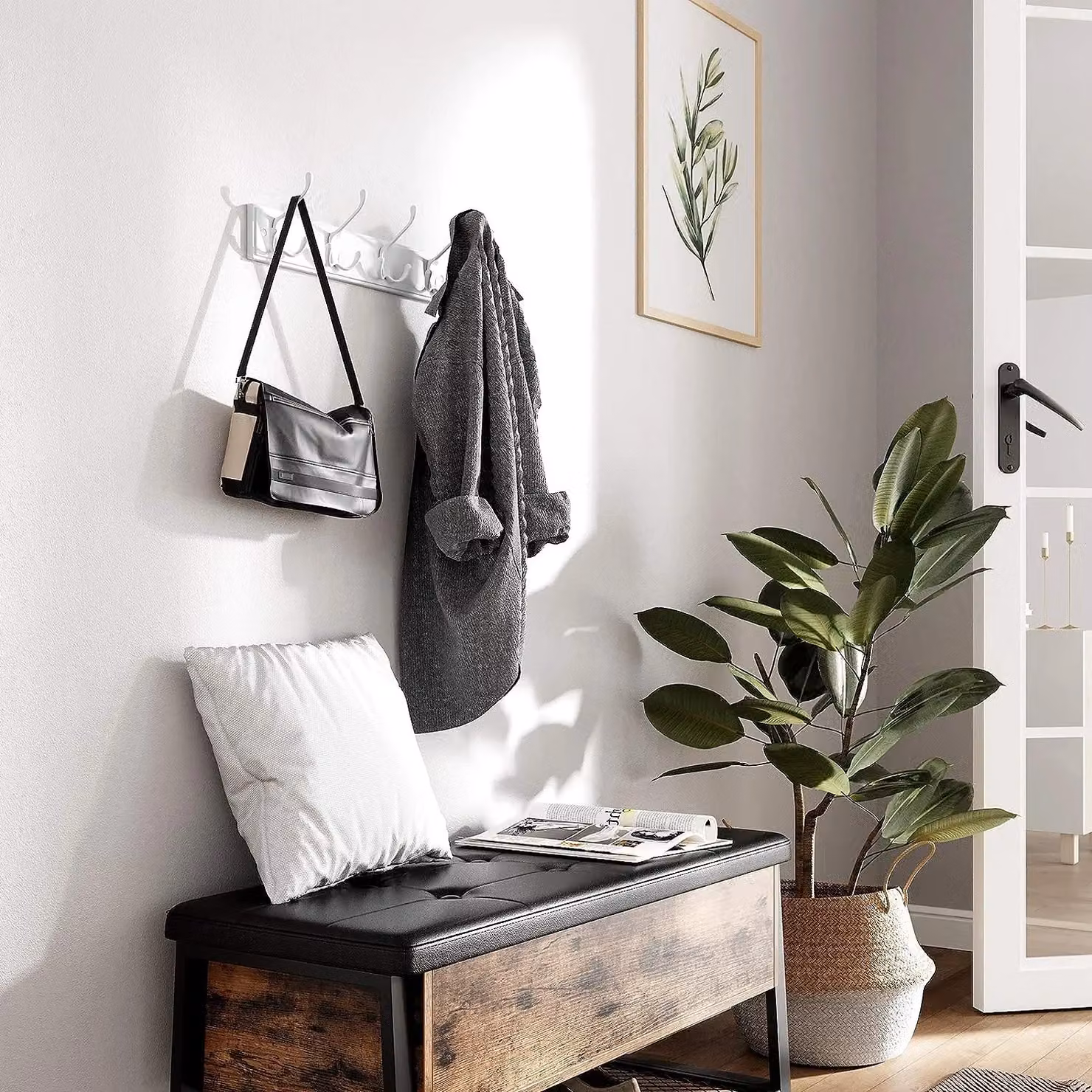 SONGMICS Wall Mounted Coat Hook with 4 Tri-Hooks Bag Rack in White – 2