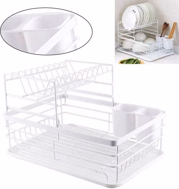 VOGREX 2-Tier Kitchen Dish Drainer with Cutlery and Cup Holder in White