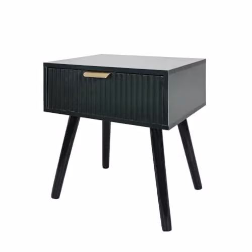 OHS Modern Ribbed Wood Bedside Table with 1 Drawer in Dark Green, W/D/H: 40 x 30 x 45 cm