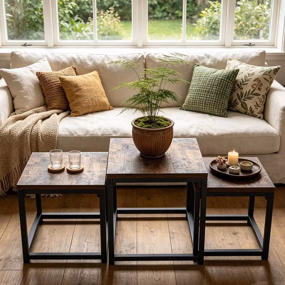 VOGREX Nesting Coffee Table Set of 3 in Brown and Black Industrial Style – 6