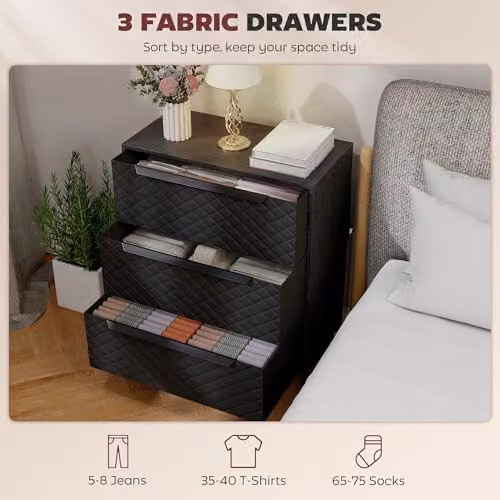HOMCOM Modern Black Chest of Drawers with 3 Fabric Drawers and Metal Handles, H: 73.5 cm, W: 59.5 cm, D: 30 cm – 2