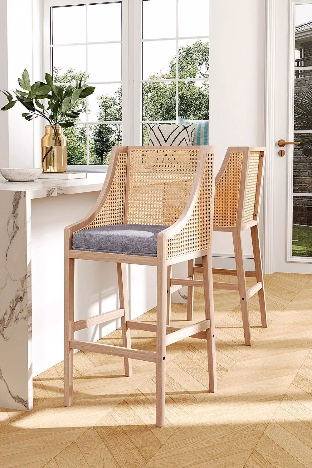 H&O Direct Set of 2 Grey Rattan Bar Stools with Backrests – 3
