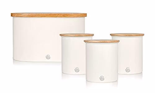 Swan Nordic Kitchen Accessory Set in White and Beige with Bread Bin, Cutting Board Lid and 3 Airtight Bamboo Lid Storage Canisters – 1
