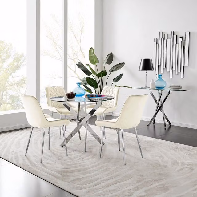 FurnitureboxUK Novara Round Glass Dining Table and 4 Pesaro Upholstered Chairs with Silver Legs in Cream