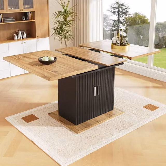 Merax Extendable Telescopic Wooden Dining Table with Storage Cupboard Base in Brown