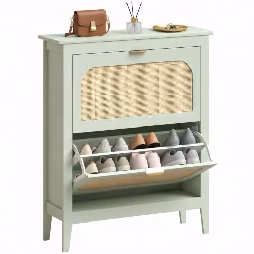 HOMCOM Boho Slim Shoe Cabinet with Rattan Doors, Holds 14 Pairs, Green